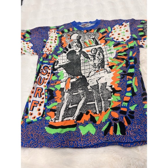 VTG Surf Volleyball Neon AOP T-shirt - Multi Color- Size - 80s 90s - Picture 2 of 9